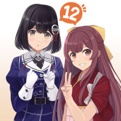  2girls anniversary black_hair bow brown_eyes gloves gradient_background haguro_(kancolle) haguro_kai_ni_(kancolle) hair_bow hair_ornament hakama hakama_skirt index_finger_raised jacket japanese_clothes kamikaze_(kancolle) kantai_collection kimono long_hair meiji_schoolgirl_uniform military_uniform multiple_girls pink_background pink_hakama purple_eyes purple_hair purple_jacket red_kimono short_hair skirt tasuki tomoyo_kai upper_body v white_gloves yellow_bow 