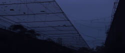  absurdres blurry blurry_foreground building cable chain-link_fence dark dusk fence gracile grey_sky highres no_humans original overcast scenery sky skyscraper 