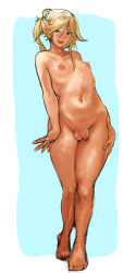  2n5_(artist) androgynous blonde_hair covered_erect_nipples green_eyes highres nude penis ponytail shota smile thick_thighs thighs wide_hips 