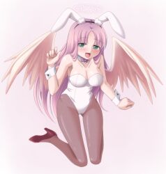  angel_wings animal_ear_hairband animal_ears blush boots breasts cleavage emil_chronicle_online fake_animal_ears fishnet_pantyhose fishnets frall_(eco) green_eyes hairband halo high_heels large_breasts leotard long_hair open_mouth pantyhose pink_hair rabbit_ear_hairband rabbit_ears red_boots takanashi_tsukasa white_leotard white_wings wings 