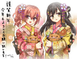  2019 2girls :d alternate_costume alternate_hairstyle animal black_bow black_hair blunt_ends blush bow chinese_zodiac commentary_request cowboy_shot dated drop_shadow eyes_visible_through_hair floral_print floral_print_bow floral_print_kimono fuyukichi_(nikoniko1567) hair_between_eyes hair_ornament hair_rings happy happy_new_year highres holding holding_animal inaba_meguru japanese_clothes kanzashi kimono long_hair long_sleeves looking_at_viewer multiple_girls nengajou new_year one_side_up open_mouth orange_hair parted_lips pig pink_kimono ponytail print_kimono red_eyes sanoba_witch signature single_hair_ring smile togakushi_touko translation_request wide_sleeves year_of_the_pig yellow_eyes yellow_kimono 