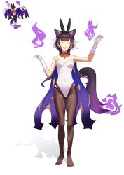  1girl :d ^_^ absurdres animal_ear_fluff animal_ears bare_shoulders black_hair black_hairband breasts brown_pantyhose c2h5ohh cape cat_ears cat_girl cat_tail cleavage closed_eyes covered_collarbone fake_animal_ears fang fire flame-tipped_tail full_body gloves gradient_hair hairband highleg highleg_leotard highres legs_apart leotard long_hair medium_breasts multicolored_hair open_mouth orange_hair palworld pantyhose personification playboy_bunny purple_fire purple_hair rabbit_ears reference_inset shadow simple_background skin_fang smile solo standing straight-on streaked_hair tail tombat white_background white_gloves white_hair white_leotard 