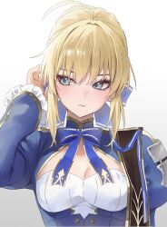  1girl absurdres ahoge aqua_eyes artoria_pendragon_(fate) blonde_hair blue_bow blue_bowtie bow bowtie breasts cleavage cleavage_cutout closed_mouth clothing_cutout commentary fate/stay_night fate/unlimited_blade_works fate_(series) frilled_sleeves frills hair_bow hand_up highres honkai:_star_rail honkai_(series) light_blush long_sleeves looking_to_the_side medium_breasts saber_(fate) saber_(honkai:_star_rail)_(fate) short_hair simple_background solo upper_body vitaminechan white_background 