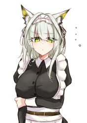  ... 1girl absurdres animal_ear_fluff animal_ears arknights arm_under_breasts black_dress breasts bright_pupils closed_mouth collared_dress commentary dress frills green_eyes green_hair hair_intakes hand_on_own_arm highres kal&#039;tsit_(arknights) large_breasts looking_at_viewer maid maid_day maid_headdress maiq06 medium_hair simple_background solo white_background white_pupils 