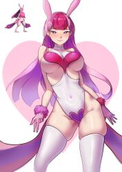  1girl absurdres animal_ears blunt_bangs bracelet breasts c2h5ohh closed_mouth collarbone covered_navel fang female_focus fur_bracelet gloves highleg highleg_leotard highres large_breasts leotard lips long_hair looking_at_viewer lovander mole mole_under_eye multicolored_hair pal_(creature) palworld pink_gloves pink_hair purple_eyes reference_work revealing_clothes simple_background skindentation smile solo standing thighhighs thighs two-tone_hair white_background white_leotard white_thighhighs 