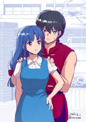  1boy 1girl artist_name black_hair blue_dress blue_hair coa_(momo) dated dress fuurinkan_high_school_uniform hands_on_another&#039;s_shoulders highres long_hair low-tied_long_hair ranma_1/2 red_shirt saotome_ranma school_uniform shirt sleeveless sleeveless_shirt sweatdrop tendou_akane 