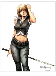 1girl belt blonde_hair highres midriff navel omar_dogan pants sword tagme weapon