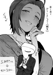  1boy 1girl ahoge blush breasts fingernails formal_clothes greyscale half-closed_eyes hand_up heart highres holding holding_paper holding_pen idolmaster idolmaster_(classic) jacket jewelry lapels long_sleeves looking_at_viewer miura_azusa monochrome necklace necktie notched_lapels object_head p-head_producer pants paper pen producer_(idolmaster) shirt short_hair simple_background smile suit suit_jacket translation_request tsurui white_background writing 