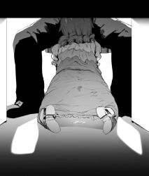  1boy 1girl dress eightman facing_away frills from_behind greyscale idolmaster idolmaster_cinderella_girls implied_fellatio kneeling medium_hair monochrome morikubo_nono producer_(idolmaster) pussy_juice pussy_juice_puddle skirt spread_legs under_table 