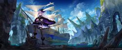  1girl blue_eyes blue_sky boat capelet cliff cloud cover cover_page crossed_arms full_body fur-trimmed_capelet fur-trimmed_gloves fur_trim fuzichoco gloves goth_fashion gothic_lolita grey_hair hat highres kenja_no_deshi_wo_nanoru_kenja lolita_fashion long_hair mira_(kendeshi) novel_cover novel_illustration official_art outdoors sailboat sky smile solo thighhighs watercraft witch_hat zettai_ryouiki  rating:General score:0 user:danbooru