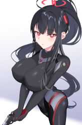  1girl ass black_bodysuit black_hair black_halo blue_archive bodysuit breasts bright_pupils gun hair_ornament halo handgun iseshi large_breasts long_hair looking_at_viewer m1911 multicolored_halo ponytail red_eyes red_halo rio_(blue_archive) rio_(bodysuit)_(blue_archive) solo two-tone_halo very_long_hair weapon white_pupils 