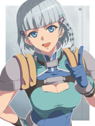  1girl armor blue_eyes blue_gloves blue_shirt braid breasts chiharu_(9654784) cleavage cleavage_cutout clothing_cutout gloves grey_hair hair_ornament hairclip highres large_breasts looking_at_viewer open_mouth seolla_schweizer shirt shoulder_armor side_braid solo super_robot_wars 