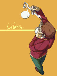  1boy absurdres advanced_nurturing_high_school_uniform arm_up ayanokouji_kiyotaka blazer brown_footwear brown_hair collared_shirt from_above from_behind full_body green_pants hand_on_own_chin hand_up highres holding holding_scale jacket libra_(zodiac) long_sleeves male_focus pants red_jacket school_uniform shirt short_hair solo vest white_shirt yellow_background yellow_trim yizhongziwei youkoso_jitsuryoku_shijou_shugi_no_kyoushitsu_e zodiac 