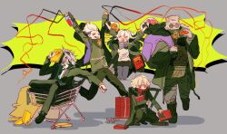  1girl 4boys :d ^_^ asahikawa_kai bandana blonde_hair closed_eyes grey_background haneda_kiyoshiro hashtag-only_commentary highres in_shopping_cart jacket jumping long_hair looking_at_object male_focus multiple_boys nasix68 open_mouth saigo_roku shopping_cart short_hair sitting smile sonoda_fucho sunglasses tribe_nine white_hair yukigaya_enoki 