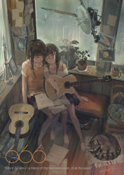  10s 2013 2girls acoustic_guitar artist_name bare_legs bare_shoulders barefoot black_hair braid coffee_mug cup dated female_focus glasses guitar head_tilt hjl indoors instrument leaning_on_person leaning_to_the_side mug multiple_girls original paper plant raccoon rain red-framed_eyewear satellite shorts side-by-side sitting skirt sleeping sleeping_on_person slice_of_life spacecraft twin_braids voyager  rating:General score:49 user:danbooru