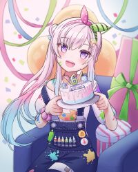 1girl absurdres ainouyu airani_iofifteen blue_overalls blurry blurry_background confetti hair_bun highres hololive hololive_indonesia long_hair overalls purple_eyes purple_hair shirt sitting solo virtual_youtuber white_shirt