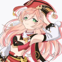  1girl arm_up coin detached_sleeves genshin_impact green_eyes haonkpizfz44569 highres holed_coin long_hair looking_at_viewer navel pink_hair salute sleeveless solo upper_body yanfei_(genshin_impact) 