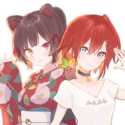  2girls :3 ange_katrina ange_katrina_(5th_costume) animal_ears argyle_choker bare_arms black_choker blunt_bangs brown_hair choker closed_mouth collarbone colored_inner_hair commentary_request creature creature_on_shoulder cv9390022 dog_ears dot_nose eyelashes floral_print hair_between_eyes hair_ornament hair_ribbon hairclip hand_up happy heterochromia highres inui_toko inui_toko_(4th_costume) japanese_clothes kimono light_blush long_hair looking_at_viewer mandragora_(ange_katrina) multicolored_hair multiple_girls nijisanji obi on_shoulder orange_hair pinching_sleeves ponytail purple_eyes red_eyes red_hair red_kimono red_ribbon ribbon salute sash shirt short_hair short_sleeves simple_background smile t-shirt triangle_print tsurime two-tone_hair upper_body v v-neck virtual_youtuber white_background white_sash white_shirt yellow_eyes yukata 