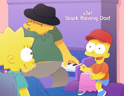  20th_century_fox bart_simpson bed bedroom blonde_hair chawako_(spchawanmushi) colored_skin gift hat highres instrument leon_kompowsky lisa_simpson michael_jackson music on_bed pajamas piano shirt shorts singing smile the_simpsons yellow_skin 