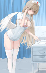  1girl absurdres alternate_costume bent_over blonde_hair blue_archive blush breasts cleavage cleavage_cutout closed_mouth clothing_cutout covered_navel dress feathered_wings garter_straps halo hat highres large_breasts looking_at_viewer microdress nagisa_(blue_archive) nurse nurse_cap short_dress short_sleeves smile solo thighhighs white_dress white_garter_straps white_hat white_thighhighs wings yellow_eyes yellow_halo yu_soft029 