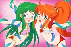  2girls armor armpits arms_up ass ayanokouji_rem between_thighs bikini bikini_armor breasts butt_crack caron_(rall) choker commentary_request commission commissioner_upload crossover dream_hunter_rem face-to-face fugetsu_taku green_eyes green_hair leaning_forward long_hair multiple_girls open_mouth orange_hair outstretched_arms pink_bikini ponytail red_bikini restrained sf_choujigen_densetsu_rall shoulder_armor skeb_commission small_breasts swimsuit tentacles trait_connection very_long_hair 