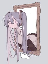  1girl artist_name black_skirt breasts closed_mouth collared_shirt commentary_request detached_sleeves empty_picture_frame frilled_shirt frills grey_background grey_hair grey_necktie grey_shirt hair_between_eyes hair_flowing_over hatsune_miku highres long_hair looking_at_viewer necktie picture_frame pleated_skirt shiro_kuro_(shirokuro_3939) shirt simple_background skirt small_breasts solo taking_picture translation_request very_long_hair vocaloid white_eyes 