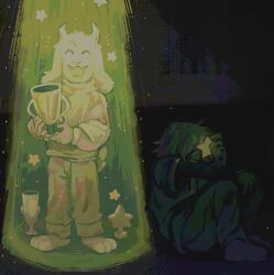  1boy 1other asriel_dreemurr barefoot deltarune goat_boy hair_over_eyes highres holding holding_star kris_(deltarune) long_sleeves miikpal pants shoes siblings smile sneakers spotlight standing star_(symbol) trophy 