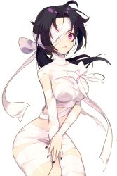  1000marie 1girl bandages bandage_over_one_eye bandages black_hair bow breasts highres lab_rat_rabian long_hair looking_at_viewer medium_breasts mummy nail_polish naked_bandage official_art purple_eyes resized soccer_spirits solo transparent_background upscaled 