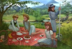  4girls a_little_princess alps_no_shoujo_heidi anne_of_green_gables anne_shirley banana barefoot blanket braid brown_eyes brown_hair cake cake_slice cloud commentary commission commissioner_upload company_connection crossover curly_hair day dress english_commentary food fruit full_body grass green_eyes hat heidi_(alps_no_shoujo_heidi) lake landscape long_hair mary_lennox mountain mountainous_horizon multiple_crossover multiple_girls napkin nippon_animation outdoors picnic picnic_basket picnic_blanket pinafore_dress plate princess_sarah realistic red_hair river sarah_crewe scenery shade shadow short_hair short_sleeves sitting sleeveless sleeveless_dress straw_hat sun_hat the_secret_garden tree twin_braids tychytamara wariza yokozuwari 