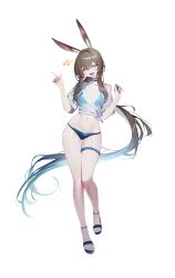  absurdres alternate_costume amiya_(arknights) animal_ears arknights bikini bikini_top_under_shirt bikini_under_clothes blue_bikini breasts closed_eyes collarbone full_body hair_intakes hands_up highres infection_monitor_(arknights) jewelry long_hair low_ponytail medium_breasts multiple_rings musical_note navel ness_(pjw0168) open_mouth ponytail rabbit_ears rabbit_girl ring shirt sidelocks simple_background smile swimsuit teeth tied_shirt upper_teeth_only very_long_hair wet wet_clothes wet_face wet_hair wet_shirt white_background white_shirt 