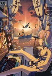  1girl a_(phrase) ahoge anchor_print anchor_symbol animal_ear_headphones animal_ears bikini blue_bikini blue_hair book braid breasts can cellphone chair cleavage cloud cloudy_sky commentary commentary_request computer controller cup_ramen curtains desk dongle_e dualsense english_commentary fake_animal_ears french_braid front-tie_bikini_top front-tie_top game_console game_controller gaming_chair grey_cat halterneck headphones headset highres hololive hololive_english houshou_marine idol_showdown indoors computer_keyboard large_breasts legs_on_table loaded_interior long_hair minato_aqua minato_aqua_(hololive_summer_2019) mixed-language_commentary monitor computer_mouse mousepad_(object) multicolored_hair neko_(minato_aqua) official_alternate_costume on_chair orange_sky phone pink_hair playing_games playstation_5 playstation_controller purple_eyes shark_fin shelf ship sitting sky smartphone solo speech_bubble streaked_hair striped_bikini striped_clothes sunrise swimsuit swivel_chair takodachi_(ninomae_ina&#039;nis) teruterubouzu twin_braids twintails two-tone_hair unworn_clothes virtual_youtuber water watercraft webcam window 