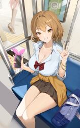  2girls absurdres ahoge anis_(nikke) bag black_skirt bow bowtie bracelet breasts brown_eyes brown_hair cellphone cleavage clothes_around_waist collarbone doro_(nikke) goddess_of_victory:_nikke gold_bracelet grin gyaru highres holding holding_phone jacket jacket_around_waist jewelry large_breasts looking_at_viewer miniskirt multiple_girls phone rapi_(nikke) red_bow red_bowtie red_nails school_bag school_uniform serafuku shirt short_hair sitting skirt smartphone smile solo_focus thighs train_interior w white_shirt yeongae1211 