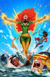  2boys 3girls black_hair blue_boots blue_dress blue_skin blue_sky bodysuit boots breasts clenched_hands colored_skin cyclops_(x-men) dark-skinned_female dark_skin david_nakayama day dress elbow_gloves gloves green_bodysuit highres initial jean_grey kamala_khan long_hair marvel medium_breasts ms._marvel multiple_boys multiple_girls nightcrawler open_mouth orange_hair outdoors pantyhose phoenix_(x-men) red_pantyhose red_scarf sash scarf signature sky storm_(x-men) teeth thigh_boots waist_sash water white_hair x-men yellow_boots yellow_gloves yellow_sash 