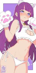  &lt;o&gt;_&lt;o&gt; 1girl animal_ear_fluff animal_ears animal_hands bare_shoulders bell bikini bra breasts cat_cutout cat_ears cat_lingerie cat_paws choker cleavage_cutout clothing_cutout dutch_angle fake_animal_ears fern_(sousou_no_frieren) frilled_bra frills highres long_hair looking_at_viewer medium_breasts navel neck_bell panties paw_pose purple_eyes purple_hair side-tie_bikini_bottom skindentation solo sousou_no_frieren standing stomach swimsuit underwear very_long_hair white_background white_bra white_choker white_panties xel4 
