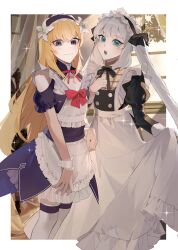  1girl 1other :o absurdres alternate_costume apron bare_shoulders black_dress black_ribbon blonde_hair blue_eyes bow chevalier_d&#039;eon_(fate) chevalier_d&#039;eon_(maid_knight)_(fate) curtains dress embarrassed enmaided fate/grand_order fate_(series) flower frilled_apron frilled_sleeves frills garter_straps hair_flower hair_ornament hand_on_own_chest highres indoors juliet_sleeves lily_(flower) long_hair long_sleeves looking_at_viewer maid maid_apron maid_headdress marie_antoinette_(animejapan_2016)_(fate) marie_antoinette_(fate) neck_ribbon open_mouth outside_border puffy_sleeves red_bow red_ribbon ribbon short_sleeves sparkle thighhighs twintails very_long_hair wavy_mouth white_apron white_flower white_hair white_thighhighs window wrist_cuffs yukkuri_(fumoyun) 
