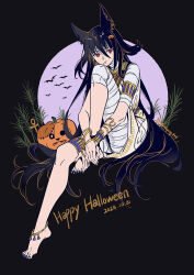  1girl animal_ears ankh bandaged_arm bandaged_leg bandages bat_(animal) black_background black_hair da_huang dated english_text full_body halloween jack-o&#039;-lantern long_hair looking_at_viewer mummy_costume red_eyes romero_(zombie_land_saga) signature sitting solo twitter_username very_long_hair yamada_tae zombie_land_saga 