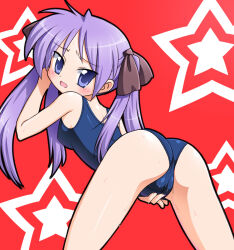  1girl ass blue_one-piece_swimsuit blush clitoral_stimulation_through_clothing hiiragi_kagami looking_back lucky_star one-piece_swimsuit purple_eyes purple_hair school_swimsuit solo swimsuit tanuki_yousuke thighs twintails 