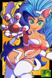 1girl :p animal_ears animal_hands blue_hair breasts cat_ears cat_tail dark-skinned_female dark_skin darkstalkers felicia_(darkstalkers) green_eyes jester64 large_breasts long_hair looking_at_viewer tail tongue tongue_out very_long_hair white_fur wide_hips