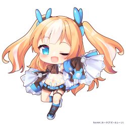  1girl absurdres akimiya_yamiku azur_lane belt belt_buckle black_bow black_bowtie black_shoes black_shorts black_sleeves blonde_hair blue_belt blue_eyes blue_ribbon bow bowtie buckle chibi chibi_only commentary_request crop_top detached_sleeves fang full_body hair_ribbon highres kalk_(azur_lane) long_hair long_sleeves looking_at_viewer midriff multicolored_hair navel one_eye_closed open_mouth ribbon shirt shoes shorts skin_fang sleeves_past_fingers sleeves_past_wrists smile solo standing standing_on_one_leg two-tone_hair two_side_up white_background white_hair white_shirt wide_sleeves 