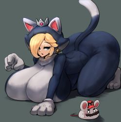  1boy 1girl absurdres all_fours animal_ears ass black_background blonde_hair blue_eyes blush bodysuit breast_press breasts cappy_(mario) cat_ears cat_rosalina cat_tail crown earrings facial_hair gigantic_breasts gipehtyboo gloves hair_over_one_eye half-closed_eyes highres huge_ass jewelry looking_at_viewer looking_back mario mario_(series) mouse_(animal) mustache nintendo open_mouth red_eyes rosalina star_(symbol) star_earrings super_mario_3d_world super_mario_odyssey sweat tail thick_thighs thighs white_gloves wide_hips  rating:Questionable score:120 user:Bob_Toronja