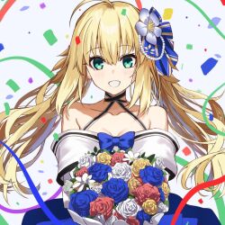  1girl alternate_costume artoria_caster_(fate) artoria_pendragon_(fate) bare_shoulders blonde_hair blue_ribbon blue_skirt blush bouquet collarbone commentary_request confetti fate/grand_order fate_(series) flower green_eyes hair_flower hair_ornament hair_ribbon holding holding_bouquet long_hair neko_daruma open_mouth purple_flower red_flower red_rose ribbon rose shirt skirt smile solo twintails very_long_hair white_background white_flower white_rose white_shirt 