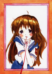  1girl blush_stickers border brown_hair clannad cowboy_shot finger_to_mouth highres hikarizaka_private_high_school_uniform lipstick long_hair looking_at_viewer makeup miyazawa_yukine official_art open_mouth scan school_uniform solo string string_of_fate yamada_naoko 