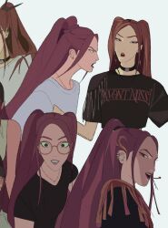  1girl black_choker black_shirt choker frown glasses hashtag-only_commentary headset highres kpop_demon_hunters long_hair looking_to_the_side mira_(kpop_demon_hunters) multiple_girls onasugar open_mouth print_shirt red_hair round_eyewear shirt teeth upper_teeth_only v-shaped_eyebrows white_shirt 