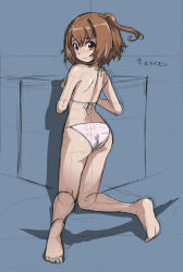  10s 1girl ass bikini blue_background blush brown_eyes brown_hair enterbrain female_focus kneeling log_horizon loli looking_at_viewer looking_back minori_(log_horizon) rohitsuka short_hair side_ponytail sketch solo swimsuit translation_request white_bikini  rating:Questionable score:52 user:danbooru