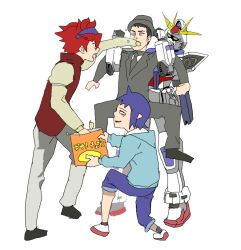  3boys black_necktie blue_hair gundam gundam_build_fighters hyadain iori_sei multiple_boys necktie red_hair reiji_(gundam_bf) 