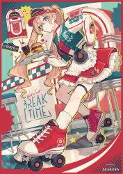  1girl akakura apron artist_name blonde_hair border burger closed_mouth commentary cup drink drinking_glass food frilled_apron frilled_skirt frills full_body green_eyes green_vest hair_between_eyes hat highres holding holding_tray long_hair long_sleeves looking_at_viewer original red_border red_hat red_shoes red_skirt ribbed_socks roller_skates shirt shoes skates skirt sneakers socks solo standing thigh_strap tray vest visor_cap waist_apron white_apron white_shirt white_socks 