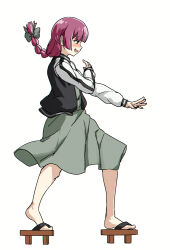  1girl black_jacket bocchi_the_rock! dress fighting_game full_body geta green_dress guilty_gear hiroi_kikuri jacket kuradoberi_jam open_clothes open_jacket purple_hair simple_background solo standing torako_(toramaru) white_background 