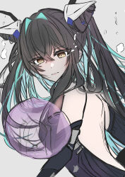  1girl absurdres aqua_hair bare_shoulders black_bodysuit black_hair blue_hair bodysuit breasts bubble cleavage colored_inner_hair goddess_of_victory:_nikke hair_intakes highres large_breasts little_mermaid_(nikke) long_hair looking_at_viewer multicolored_hair see-through_cleavage see-through_clothes solo twintails user_agar4352 very_long_hair yellow_eyes 