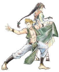  1boy 1girl abs alfyn_greengrass barefoot blonde_hair braided_twintails closed_mouth commentary_request dress fighting_stance green_dress highres long_hair low-tied_long_hair octopath_traveler octopath_traveler_i pants pelvic_curtain primrose_azelhart qqqqqli short_hair smile standing toes v-shaped_eyebrows white_pants 