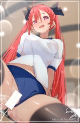 1girl bar_censor black_thighhighs blue_buruma blush border buruma censored commentary date_a_live english_commentary gym_uniform highres itsuka_kotori long_hair looking_at_viewer looking_down open_mouth ozzyart_0221 peeing pink_eyes red_hair shirt short_sleeves signature solo t-shirt thighhighs thighs twintails twitter_username white_border white_shirt rating:Questionable score:38 user:danbooru